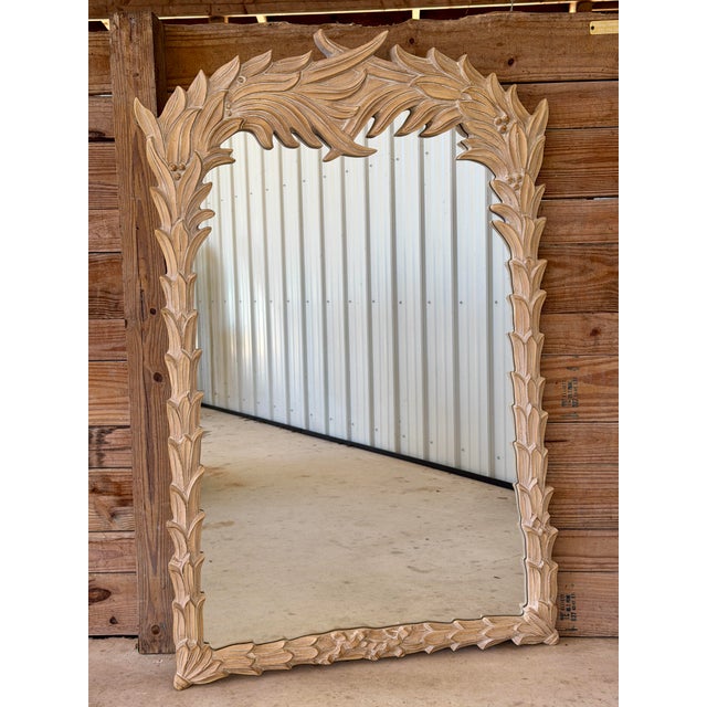 Eggshell Vintage Carolina Mirror Carved Palm Leaf Wall Mirror – Coastal Organic Modern For Sale - Image 8 of 12