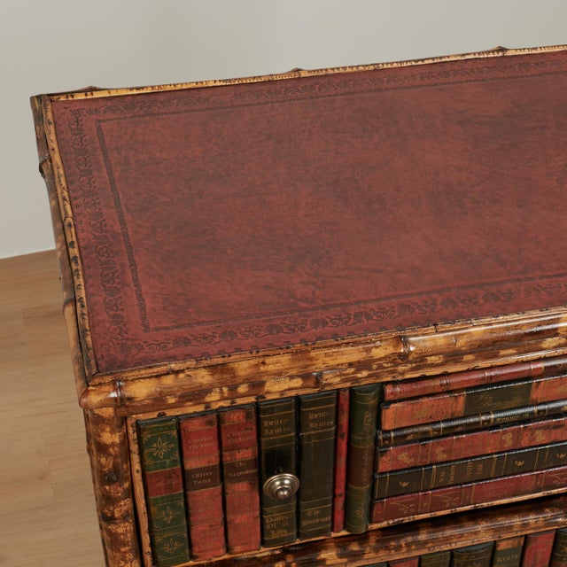 Antique English Bamboo Leather Top Faux Book Chest of Drawers For Sale - Image 12 of 18