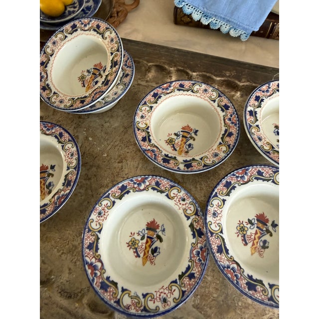 Ceramic Set of 8 Antique English Small Bowls Wood and Sons Transferware Fruit Dessert Dishes Blue Red For Sale - Image 7 of 12