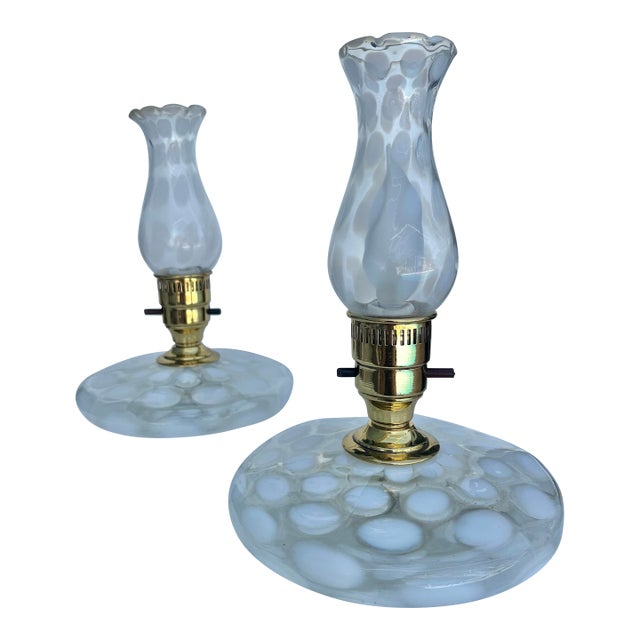 Vintage Pair of White Coin Dot Glass Pancake Fenton Boudoir Style Lamp - 2 For Sale