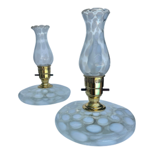Vintage Pair of White Coin Dot Glass Pancake Fenton Boudoir Style Lamp - 2