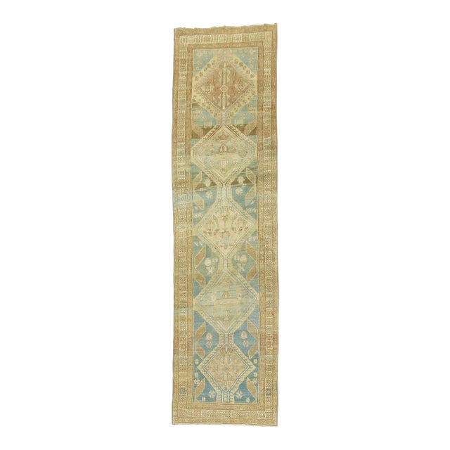 1930s Ocean Blue Sand Color Persian Tribal Runner - 3' x 11' For Sale