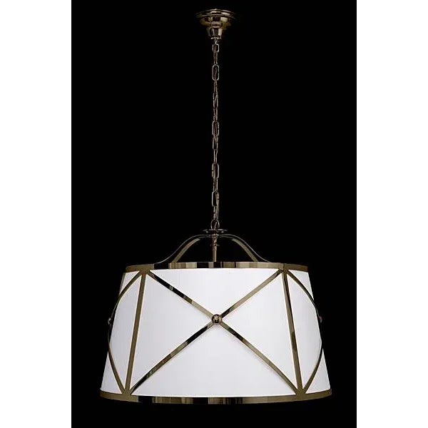 Stealth - Moderne style linen drum shade fixture, crosshatched frame with medallion detail.
