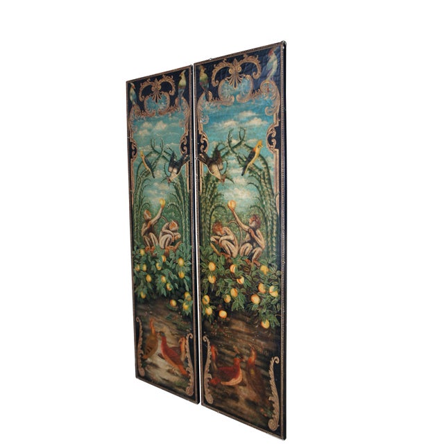 2 Available - Pair of hand painted Maitland Smith wall panels. Features a crackled landscape with monkeys holding peaches...