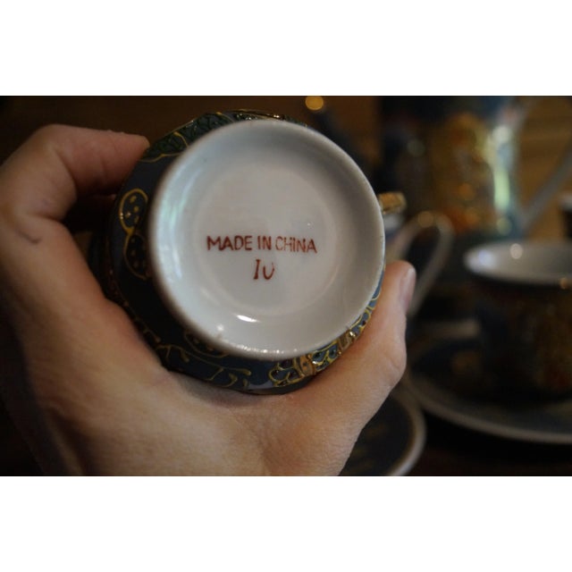 Blue 1950s Satsuma Moriage Hand-Painted Porcelain Tea Pot Set- 17 Pieces For Sale - Image 8 of 12