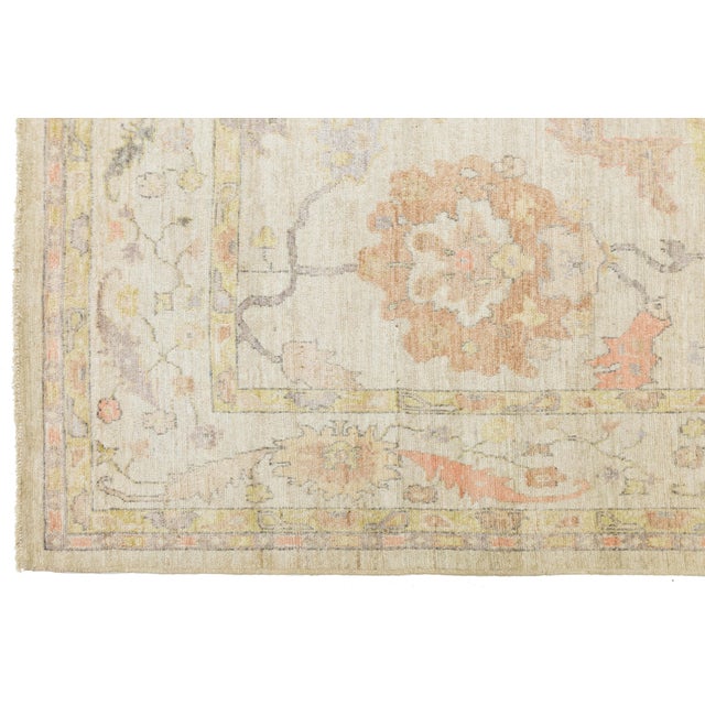 Modern Oushak Style Hand-Knotted Wool Rug - Pastel Floral Transitional Area Rug For Sale - Image 10 of 11