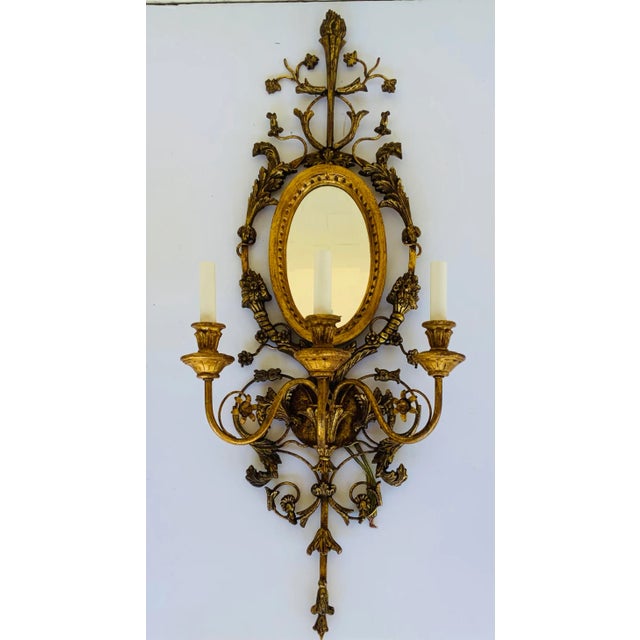 Original Retail $8600, elegant Italian Carved Wood and Mirror Wall Sconces Pair, beveled mirror, showroom floor sample