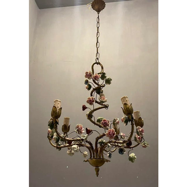 1960s Italian Tole Ceramic Flower Chandelier, 1960s For Sale - Image 5 of 8