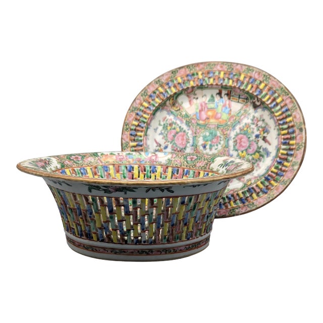 Chinese Export Canton Rose Mandarin Reticulated Basket & Undertray For Sale