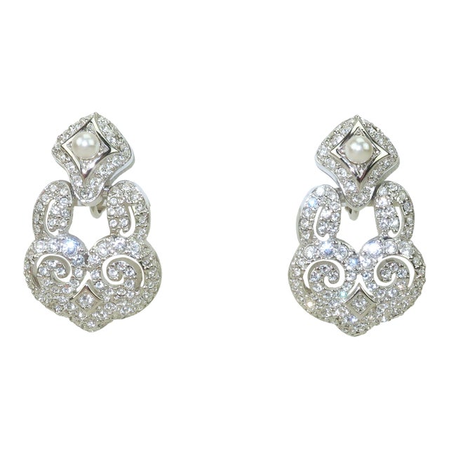 Swarovski Crystal Rhinestone & Pearl Door Knocker Earrings For Sale