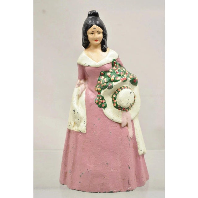 Antique Victorian Tall Cast Iron Painted Figural Woman Pink Dress Door Stop For Sale - Image 10 of 10