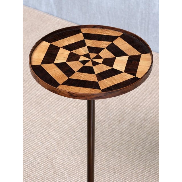 Brown Danish Cabinetmaker Bronze Pedestal Table with Radial Marquetry Top, 1950 For Sale - Image 8 of 11