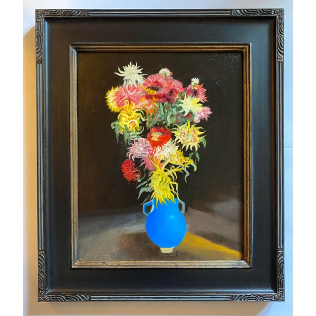 Realism Still Life Oil Painting of Flowers in a Blue Vase by Satori Gregorakis. Framed. For Sale - Image 3 of 3