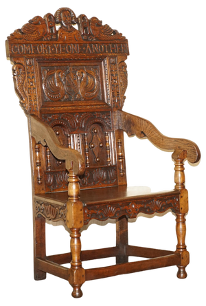 Antique English Carved Wainscott Throne Armchair, 1662
