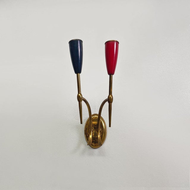 Mid-Century Modern Italian Two-Arm Brass Wall Lamps with Cone Lamp Holder, 1950s, Set of 3 For Sale - Image 4 of 16