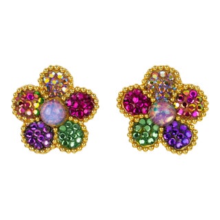 Richard Kerr Multicolor Crystal Flower Clip Earrings - 2 Pieces For Sale