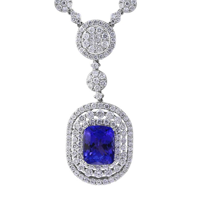 7 Carat Cushion Tanzanite and 13 Carat Diamond Pendant/ Necklace 18 Karat Gold For Sale - Image 11 of 18