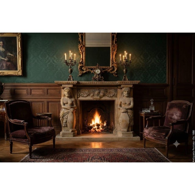 Antique Fireplace in Travertine Marble with Atlases, 1930s For Sale - Image 3 of 5