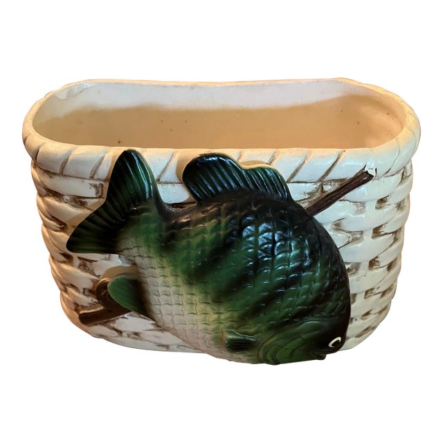 1960s Napco Vintage Creel Fish and Fishing Basket Ceramic Planter, Japan For Sale