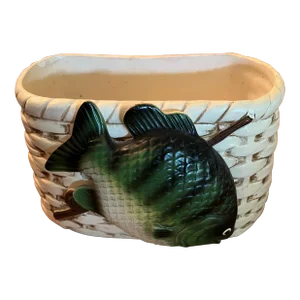 1960s Napco Vintage Creel Fish and Fishing Basket Ceramic Planter, Japan