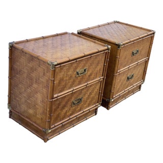 1950s Pair Safari British Colonial Faux Bamboo Nightstands For Sale