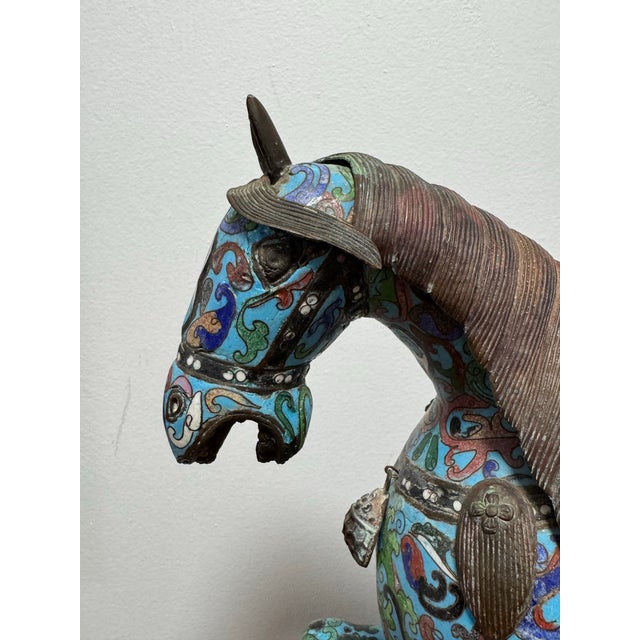 Antique Chinese Cloisonné Prancing Horse Sculpture | Large Republic Period Bronze & Enamel Figurine | Turquoise Scrollwork | 18" Asian Art For Sale - Image 12 of 12