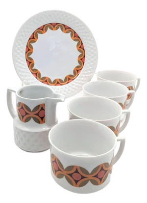 Mid 20th Century Schirnding Bavaria Bone China Tea Cups, Creamer and Dessert Plate, 6 Pieces