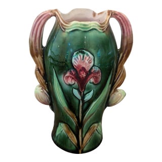 Antique French Majolica Iris Vase Twin Handle Green Pink Continental Mold 1207 For Sale