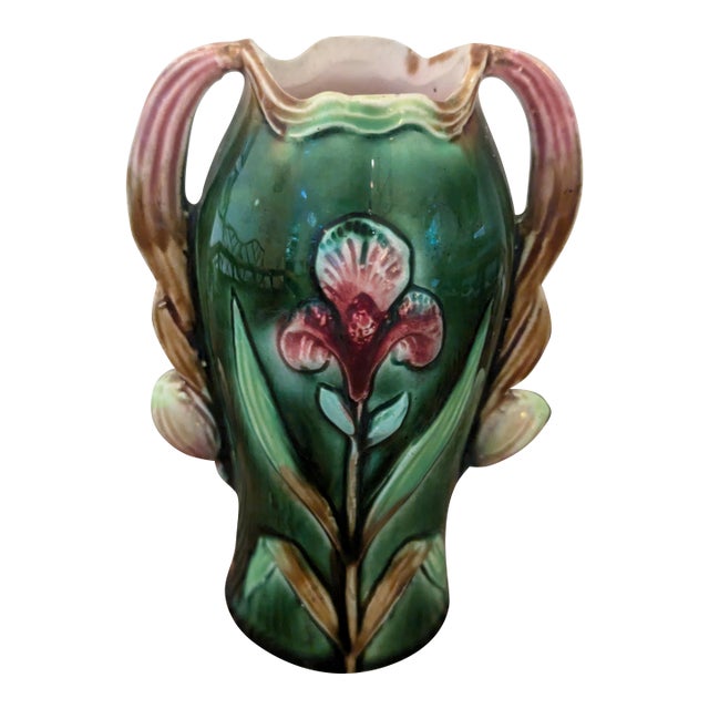 Antique French Majolica Iris Vase Twin Handle Green Pink Continental Mold 1207 For Sale