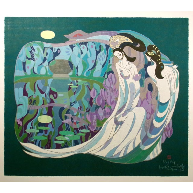 "Lover's Reflection" unframed limited edition serigraph art print by He Neng. Hand signed and numbered by the artist in...