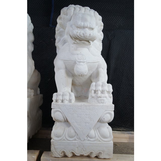 Mid 20th Century Pair of Chinese Marble Foo Dog Guardian Fu Lion Temple Garden Statues 41" For Sale - Image 6 of 18