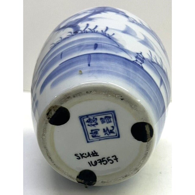 1990s Vintage Chinese Blue White Porcelain Scene Vase For Sale - Image 5 of 5