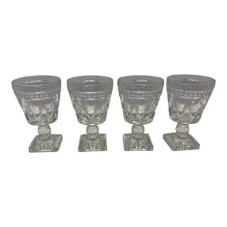 Vintage Clear Pressed Glass Wine Goblets With Square Starburst Bases - Set of 4 For Sale