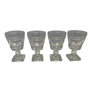 Vintage Clear Pressed Glass Wine Goblets With Square Starburst Bases - Set of 4
