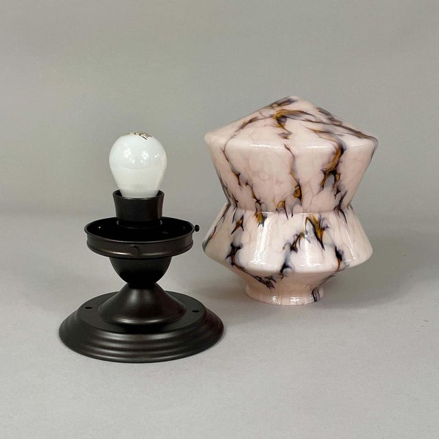 Art Deco Pale Rose Marbled Opaline Glass and Burnished Flush Mount, Germany, 1930s For Sale - Image 9 of 18