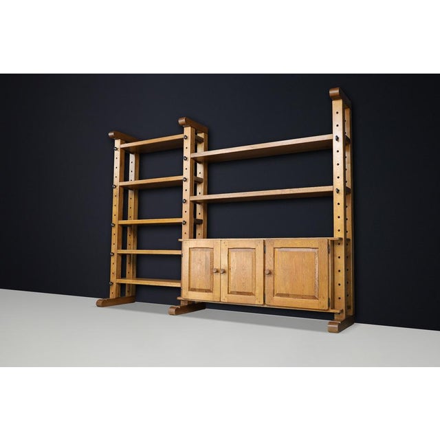 1960s Large Brutalist Modular Shelving Unit in Oak with Metal Pegs and Cabinet, Belgium, 1960 For Sale - Image 5 of 17
