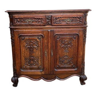 Antique French Louis XV Buffet Sideboard Cabinet Carved Oak Server C1920 For Sale