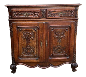 Antique French Louis XV Buffet Sideboard Cabinet Carved Oak Server C1920