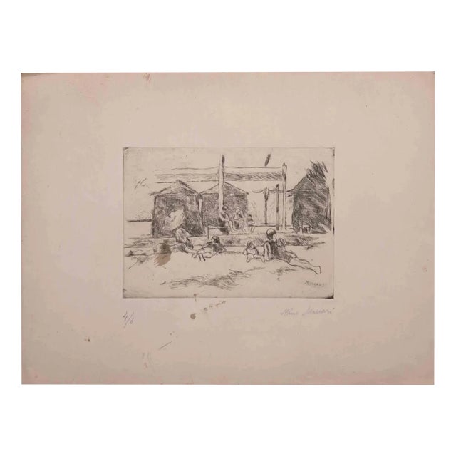 Mino Maccari, At the Beach, Original Drypoint and Etching, Mid 20th-Century For Sale