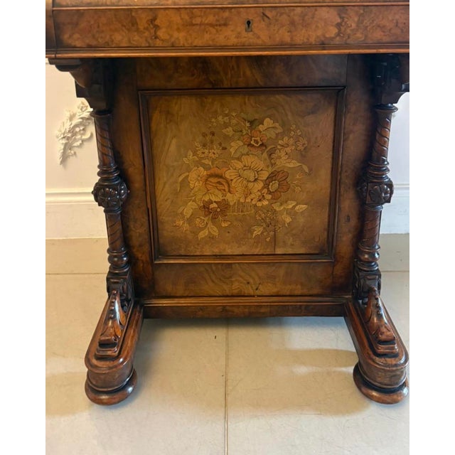 Antique Victorian Burr Walnut Floral Marquetry Piano Top Davenport Desk, 1850 For Sale - Image 10 of 18