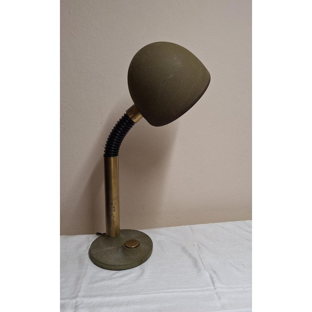 Vintage Adjustable Desk Lamp with Brass Base, Black Coated Flex Arm and Olive Green Metal Reflector, 1970s For Sale - Image 4 of 7