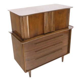 Light Walnut Bow Front Drawers Long Brass Pull Hardware Gentleman's Chest Mint For Sale