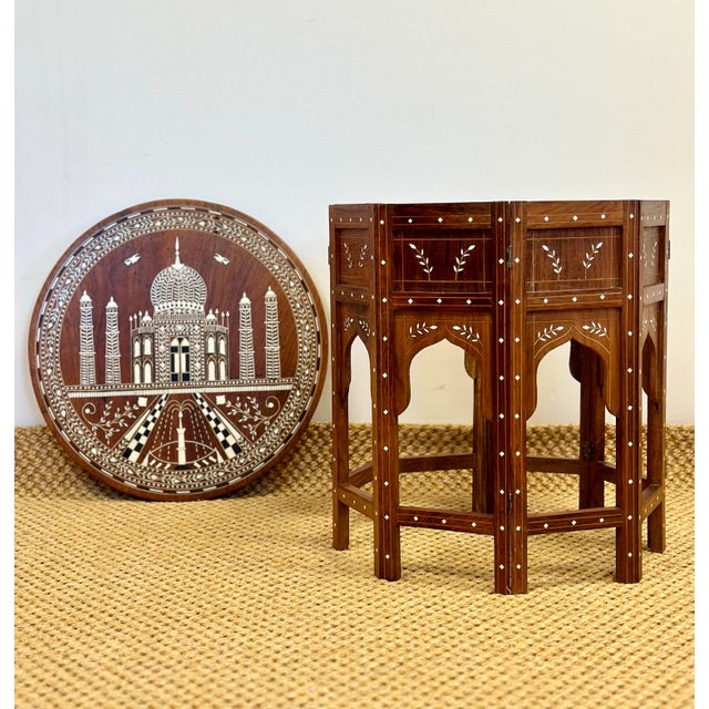 1950s Anglo-Indian Inlaid Taj Mahal Round Side Folding Tea Table For Sale - Image 4 of 11