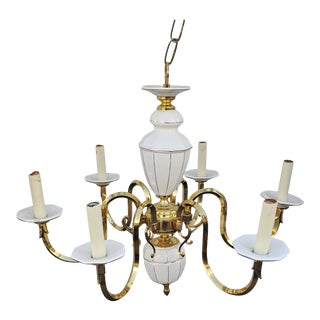 Vintage 1960s Italian Brass and Porcelain Chandelier For Sale