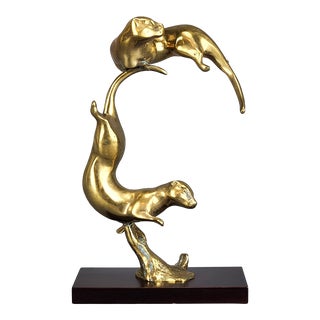 Mid Century Brass Statue of Playing Ferrets or Minks For Sale