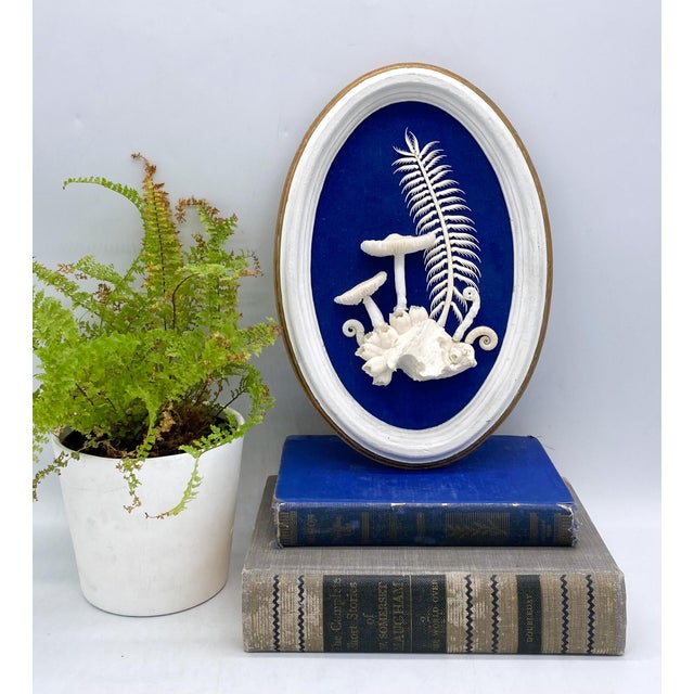 Vintage Framed Shell Art White Mushroom Motif With Blue Background Signed by Artist Chairish