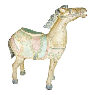 Large Vintage Balinese Carved Wood Horse Sculpture – 21″ Pastel Saddle Decor For Sale