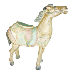 Large Vintage Balinese Carved Wood Horse Sculpture – 21″ Pastel Saddle Decor