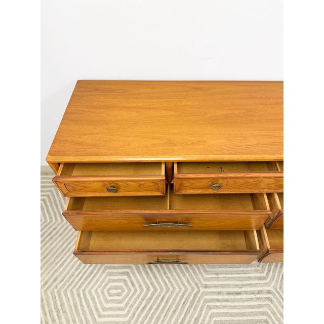 Mid 20th Century Heritage MCM Lowboy 7-Drawer Dresser Unique Brass Pulls Vintage Long Dresser For Sale - Image 5 of 14