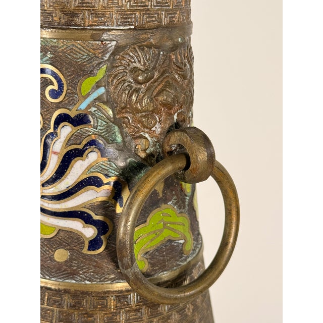 Brass Mid 20th Century Chinese Cloisonne Brass Vase Table Lamp With Figural and White Elephant Decoration For Sale - Image 8 of 15